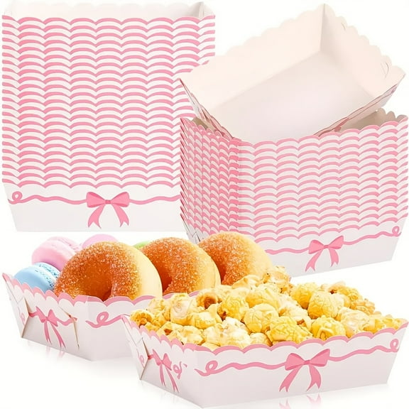 60pcs Pink Bow Style Disposable Nacho Boats Kraft Food Trays, Perfect for Birthday Parties, Valentine's Day, Wedding Decorations and Cute Party Supplies, Ideal Food Serving Plates for Parties
