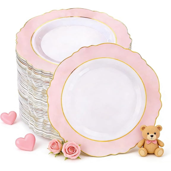 60pcs Pink Dessert Plates - 7.5inch Baroque Pink &White Disposable Dessert/Appetizer Small Cute Cake Plates for Upscale Parties &Wedding-Special for Baby Shower, Brithday, Valentine's Day