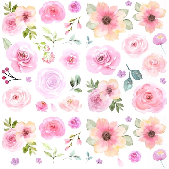 60pcs Pink Flower Wall Sticker Watercolor PVC Peel and Stick Wall Decals Cute Peony Floral and Leaves Pastel Flower Decor for Kids Bedroom Living Room Baby Nursery Kindergarten