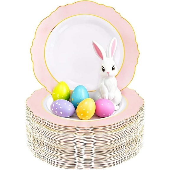 60pcs Pink Plastic Plates - 10.25inch Baroque Pink And Gold Disposable Dinner Plates for Upscale Parties -Special for Easter/Baby Shower/Birthday/Spring