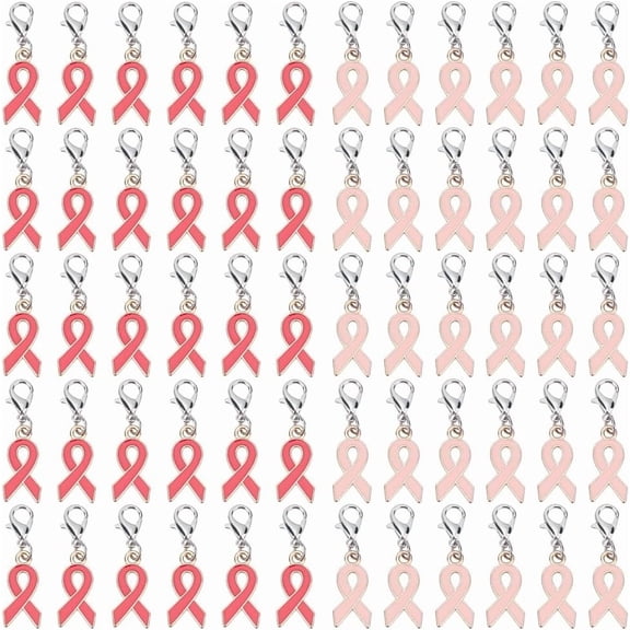 60pcs Pink Red Ribbon Charm Pendants with Lobster Claw Clasps for Jewelry Making Multi-color