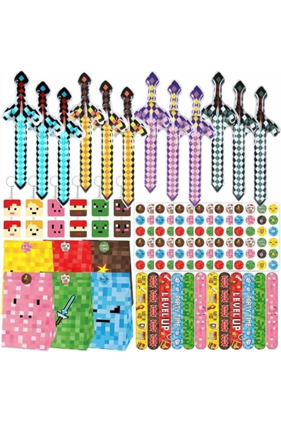 60pcs Pixel Party Favor Colorful Video Game Paper Gift Bags Inflatable Sword Slap Bracelets Key Chains Stickers Pixel Mining Birthday Party Supplies Activities Parties Kit