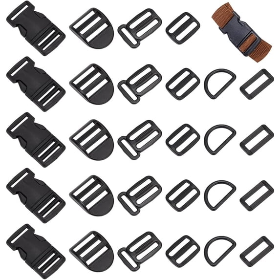 60pcs Plastic Buckle Set 10pcs Ladder Lock Slider Buckle 10pcs Side Release Buckle 20pcs Tri-Glide Adjuster Buckle 10pcs D-ring 10pcs Rectangle Loop Buckle for Nylon Strap Webbing Collar