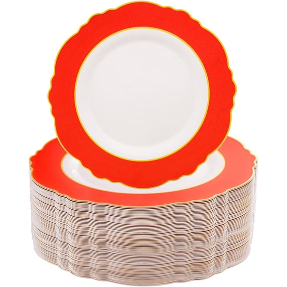 60pcs Red Plastic Plates with Gold Rim - 10.25inch Red Dinner Plates Disposable Plates Table Decor for Wedding Party Birthday