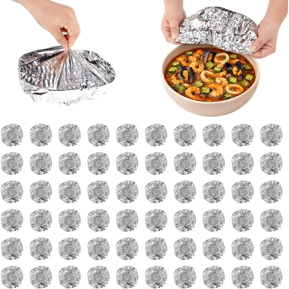 60pcs Reusable Aluminum Foil s, Premium Pop Up Foil s Universal Kitchen Heat Shield Lids for Bowls Plates Storage Containers (Silver)