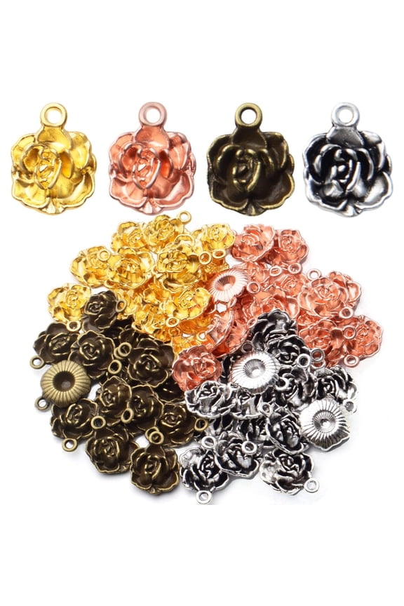 60pcs Rose Pendant Charm Tibetan Alloy Rose Flower Charms Pendants Flower Bead Charms 4 Colors DIY Earrings Bracelet Necklace Jewelry Making for Birthday Valentine's Gifts