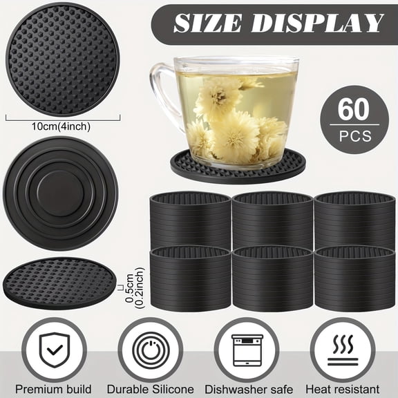 60pcs Set Of Silicone Coasters, Anti Slip Silicone Beverage Coasters, Resistant to Heat And Cold, Suitable for Desktop Coffee Bars (black)