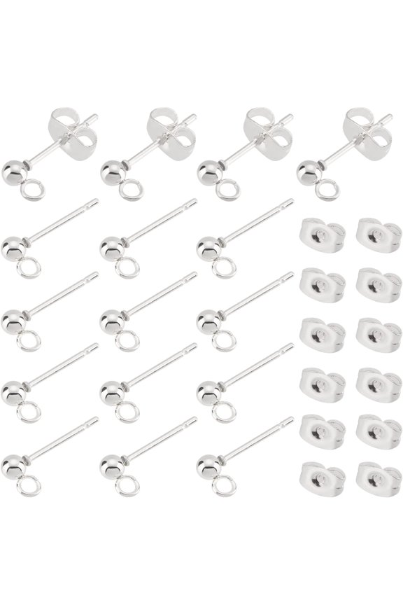 60pcs Silver Ball Stud Earrings Round Hypoallergenic Earring Post Stainless Steel Stud with Loop and Ear Nuts for Jewelry Earring Making15x5.5mm Colorful