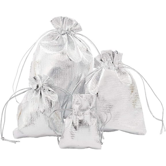 60pcs Silver Gift Bags 4 Sizes Organza Bags Drawstring Pouches Jewelry Bags Rectangular Pouches Drawstring Gift Bag