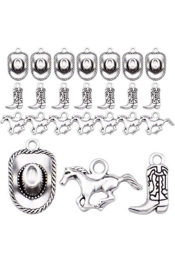 60pcs Silver Western Cowboy Charms Pendants Alloy Horse Cowboy Boot Hat Dangle Charms for DIY Earrings Bracelet Necklace Jewelry Making