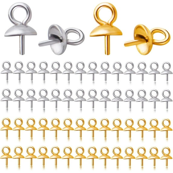 60pcs Stainless Steel Eye Pin Bail Caps Cup Pearl Screw Eye Pin Bail Peg Pendants for Half Drilled Beads Charms Jewelry Making Findings, Gold, Silver, Pin: 0.7mm