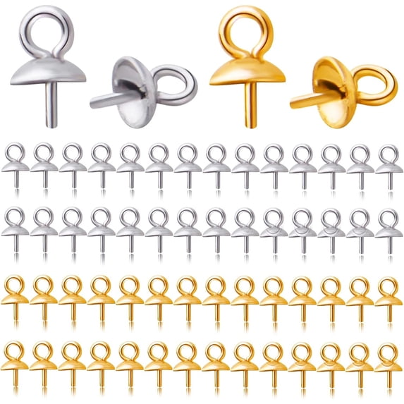 60pcs Stainless Steel Eye Pin Bail Caps Cup Pearl Screw Eye Pin Bail Peg Pendants for Half Drilled Beads Charms Jewelry Making Findings, Gold, Silver, Pin: 0.7mm