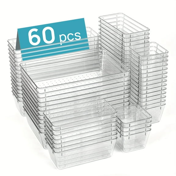 60pcs of Storage for Tables And Drawers, Office Organization Drawers, Desk Organizer Bins in Four Sizes, Transparent Plastic Storage Containers for Office Use,Desk & Drawer Organizer for Home Storage