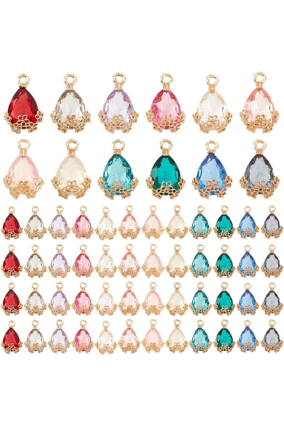 60pcs Teardrop Pendants 12 Colors Transparent Faceted Charms Glass Crystal Pendants with Light Gold Alloy Accessory for Necklace Earring Bracelet Jewelry Craft Making 20x12.5mm