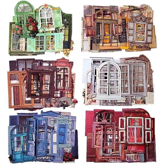 60pcs Textured Cardstock Hollowed Window Frame Stickers for Junk Journals Vintage Cutouts Scrapbook Stickers for Scrapbooking Supplies Clearance Pre-cuts for Journaling Collage Kit Pop-up