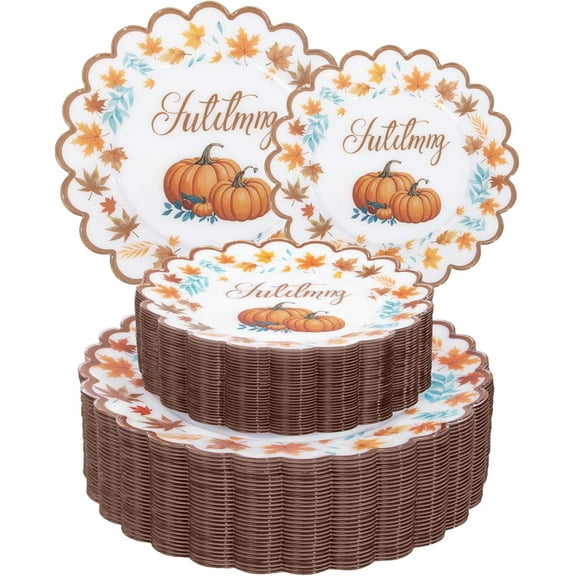 60pcs Thanksgiving Plastic Plates Heavy Duty,Fancy Scalloped Disposable Plates,Fall Pumpkin Plate Autumn Maple Leaves, Include 30 Dessert&Dinner Plastic Plato for Fall,Party and Wedding