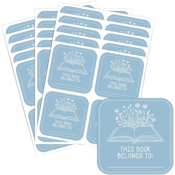 60pcs This Book Belongs to Stickers Blue Book Plates Labels 2 x 2 Inch Flower Book Designed Book Stamp Teacher Tags Book Name Stickers