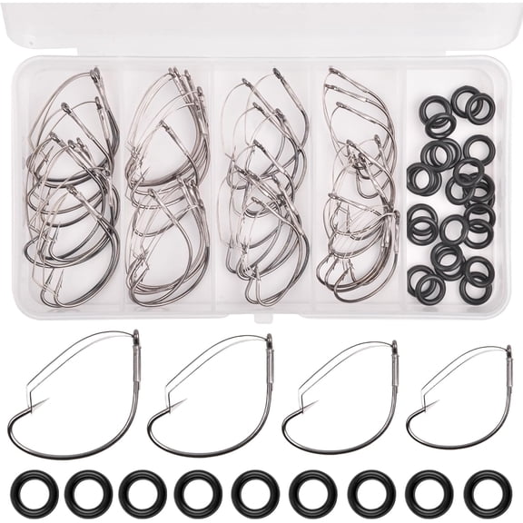 60pcs Wacky Weedless Hooks Wide Gap Worm Hook Wacky Rig O Rings Bass Fishing Weedless Wacky Rig Fishing Hooks Size 1/0 1# 2# 4#