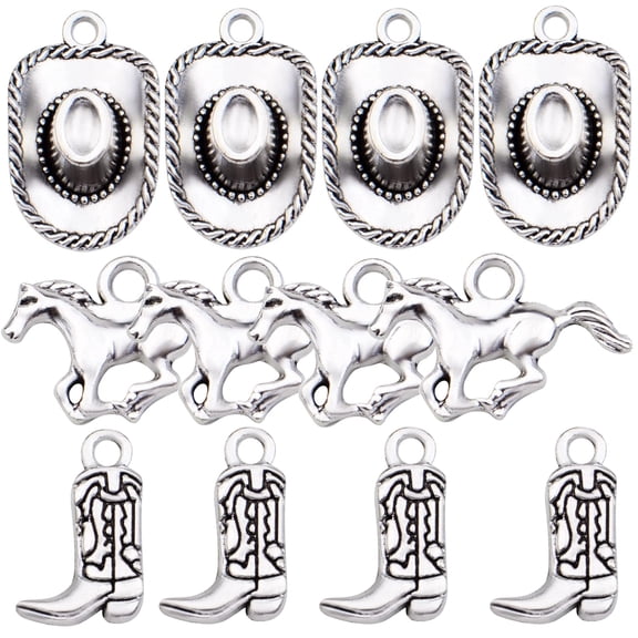 60pcs Western Cowboy Charms Pendants Alloy Horse Cowboy Boot Hat for DIY Earrings Bracelet Necklace Jewelry Making,Silver