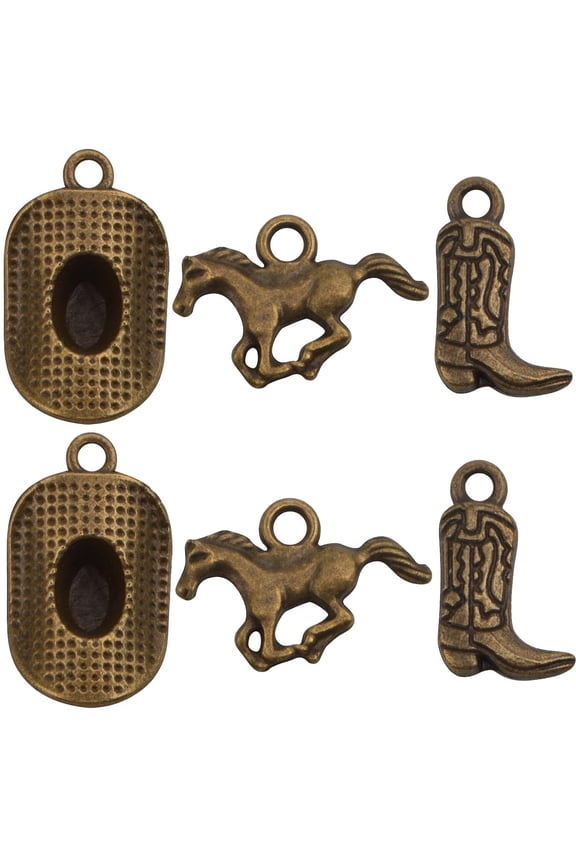 60pcs Western Themed Cowboy Charms Tibetan Alloy Western Cowboy Hat Boot Horse Pendants Charms for DIY Bracelet Necklace Earrings Jewelry Making, Antique Bronze