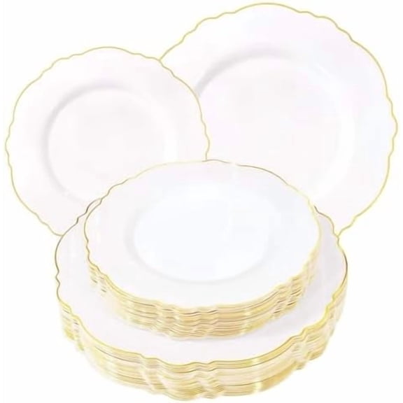 60pcs White and Gold Plastic Plates - Baroque White With Gold of 30 Heavy Duty Gold dinner plates 10.25inch, 30 Salad Plates 7.5inch Perfect for Weddings/Party/Birthday/Valentine's Days