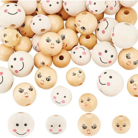 60pcs Wood Beads 4 Sizes Wooden Face Beads Natural Face Print Round Beads Painted Wooden Loose Beads for Animal Model Head Bracelet Necklace Jewelry Making 17-25mm BurlyWood