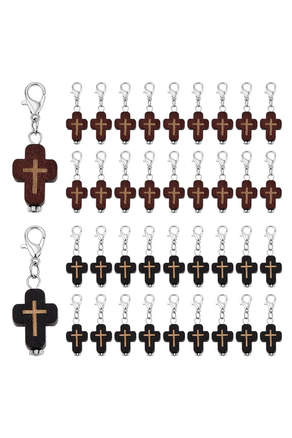 60pcs Wood Charms 2 Colors Clip-on Pendant Mini Crosses Stitch Marker Charms with Lobster Clasp