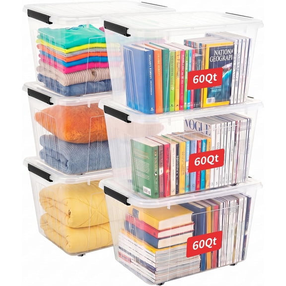 60qt Plastic Storage Bin with Wheels, Stackable Storage Bins with Lid, Organizer, Container for Home, Office, Drom, PP, BFA-Free, Nestable, Clear, 60Quart (6 Pack)