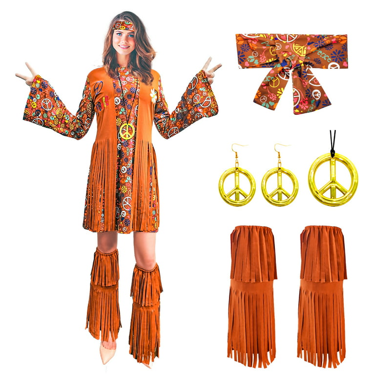 60s 70s Hippie Costume Outfits Hippy Clothes Disco Dress Adult Costume For  Women,60s 70s Party Costume,Brown Size Small
