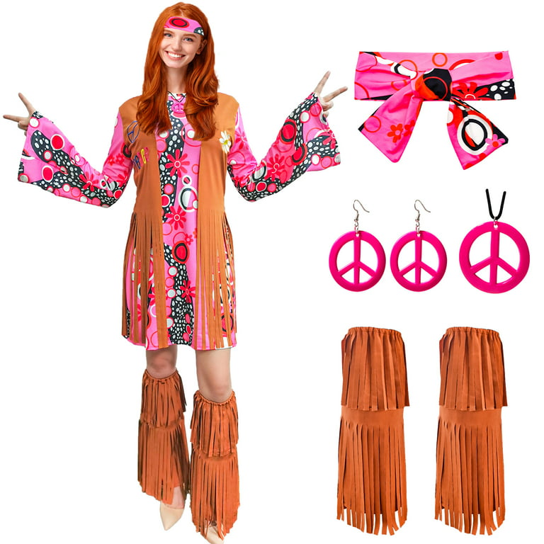 60s 70s Hippie Costume Outfits Hippy Clothes Disco Dress Adult Costume For  Women,60s 70s Party Costume,Pink Size Small 