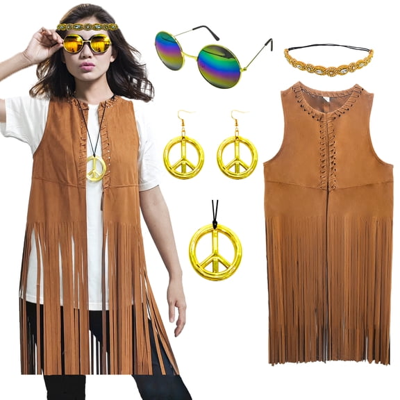 60s 70s Outfits for Women Hippie Costume Fringe Vest Faux Suede Tassel Vest Bohemia Headband Hippie Party Costume