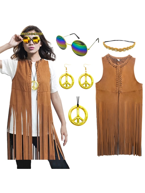 60s 70s Outfits for Women Hippie Costume Fringe Vest Faux Suede Tassel Vest Bohemia Headband Hippie Party Costume