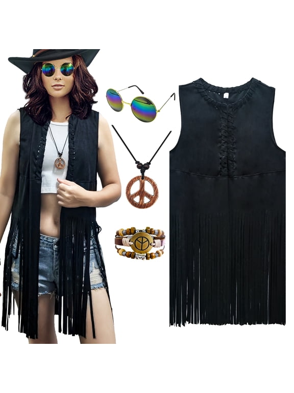 60s 70s Outfits for Women Hippie Costume Fringe Vest Faux Suede Tassel Vest Bohemia Headband Hippie Party Costume
