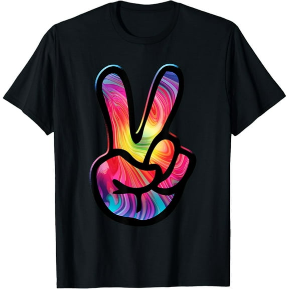 60s 70s Tie Dye Peace Hand Sign Shirt - Hippie T-ShirtMen and women, Black T-shirt, size: Extra large