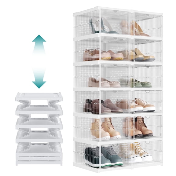 SONGMICS Foldable Shoe Boxes, 6-Tier for 12 Pack, Fit up to US size 13 Stackable Shoe Storage Organizer, 60s Assembly, Transparent and Cloud White, DENNYS Collection