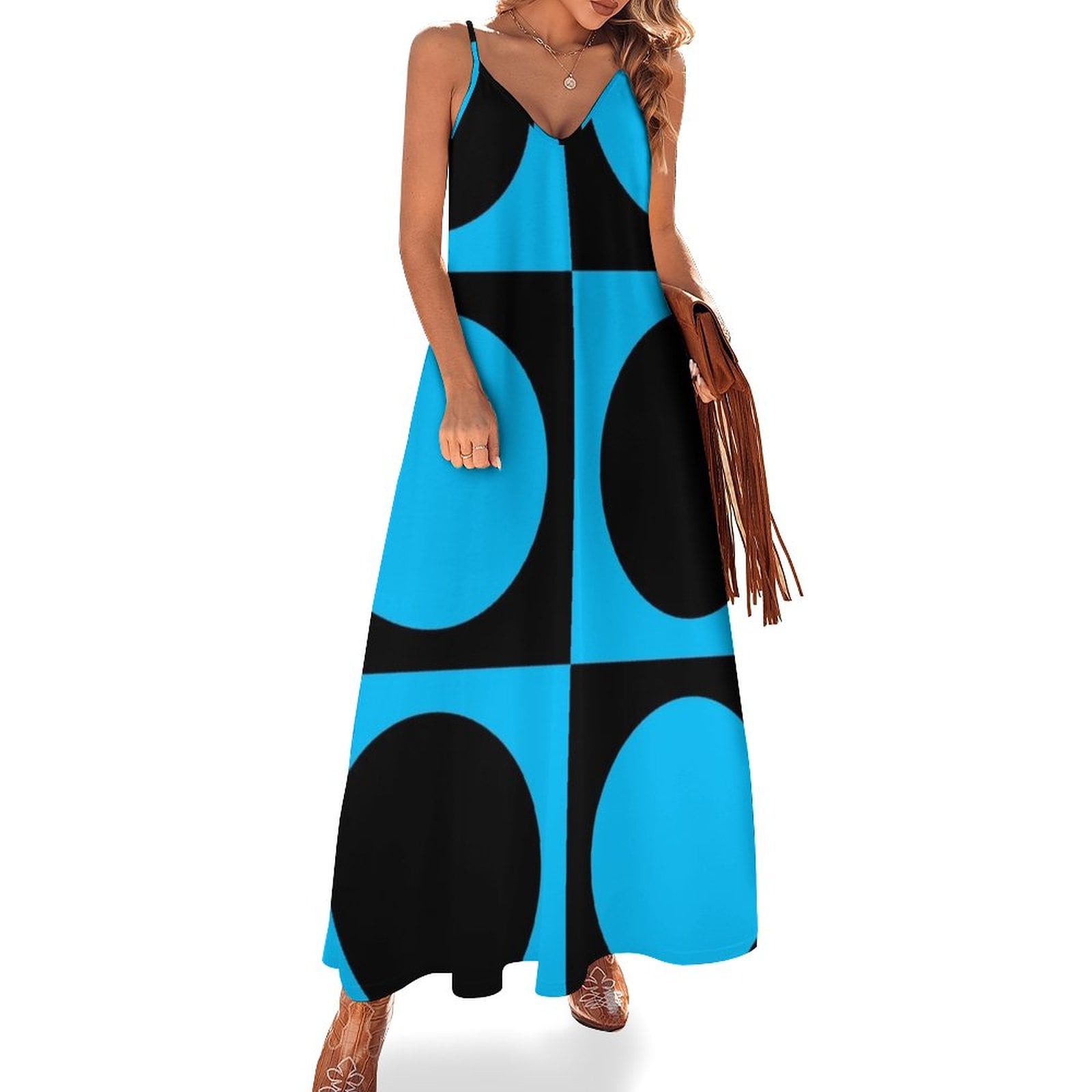 60s Blue Circle Mod Mondrian Sleeveless Dress women's clothing summer