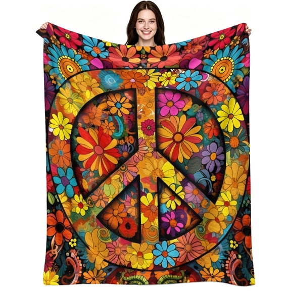 60s Hippie Peace Sign Floral, Soft Flannel Fleece, Retro Psychedelic, Throw Blanket, Peaceful Relaxing Comfort, Aesthetic Home Decor, Couch Bed Travel Seasons