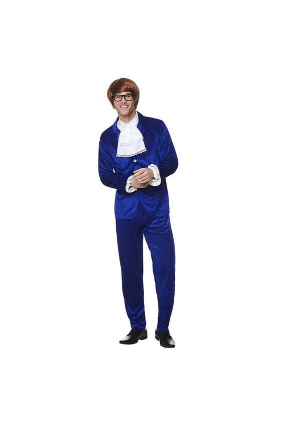 60s Swinger Suit for Adult Men Halloween Party Cosplay Costume, 1960s Royal Blue Funny Groovy Spy Outfit, Size L Large