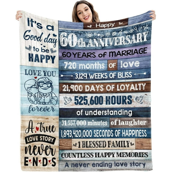 60th Anniversary Blanket Gifts for Her Him 60th Diamond Wedding Anniversary Couple Gifts for Wife Husband Dad Mom Parents 60th Wedding Anniversary Decorations Throw Blankets 60 X 50 Inches