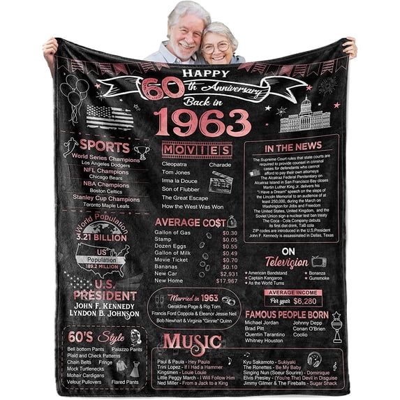 60th Anniversary Blanket Gifts Gift for 60th diamond Wedding Anniversary Sixty Years of Marriage Gifts for Couple Wife Husband Dad Mom Parents Grandpa Grandma Grandparents Back in 1963 Blanket 60x50