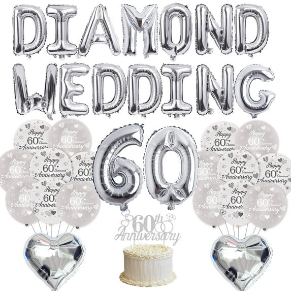 60th Anniversary Decorations, 60th Wedding Anniversary Diamond Decorations, Happy 60th Wedding Anniversary Decor with Foil Balloon and Latex Balloon Set, Cake Topper for Anniversary Party Supplies