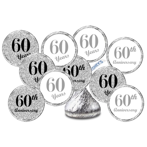60th Anniversary Kisses Stickers, (Set of 216) Chocolate Drops Labels Stickers For 60 Wedding Anniversary, Party Favors Decor for Kisses. Made in USA