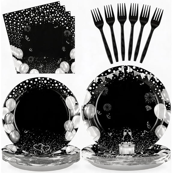 60th Anniversary Party Plates and Tableware Set Black and Silver Serves 24