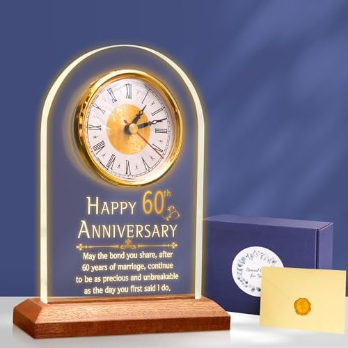 60th Anniversary Wedding Gift, Anniversary Quartz Clock, Desk Table Clock, 60 Years of Marriage, Golden Wedding for Couple, Parents, Grandparents (Wooden Base with LED Light)