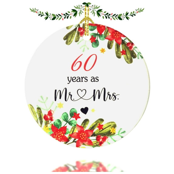 60th Anniversary Wedding Ornament - Gifts for 60th Wedding Anniversary, 60 Year Anniversary Couple Gifts for Parents, Couple,2.9" Ceramic 60 Year as Mr and Mrs Christmas Ornament