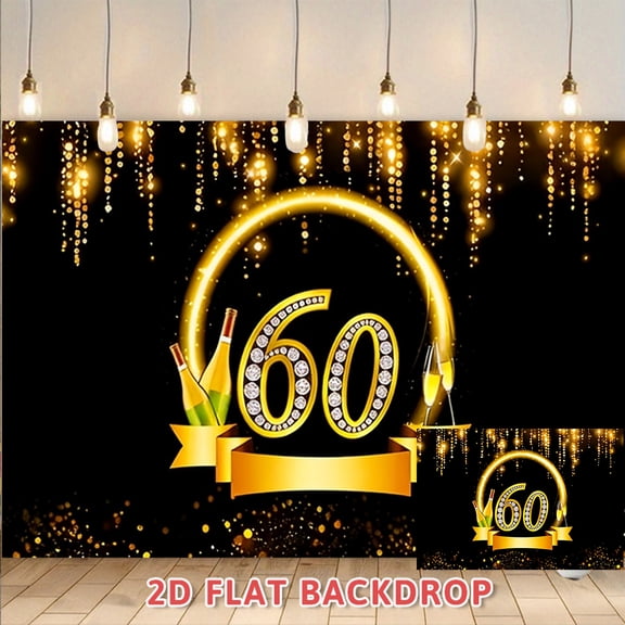 60th Birthday Backdrop Luxury Black Gold Glitter Banner for Adult Birthday Party Anniversary Celebration Photography Background Wall Decorations