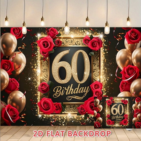 60th Birthday Backdrop Luxury Red Gold Style Adult 60 Years Old Birthday Party Decorations Photography Background Banner For Birthday Celebration Photo Booth Wall Decor