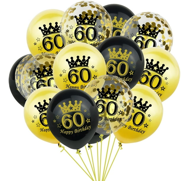 60th Birthday Balloons 15 Pcs Black And Gold Happy 60th Latex Confetti