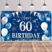 60th Birthday Banner Backdrop, Happy 60th Birthday Decorations,Blue Silver Fabric Photo Backdrop Background for Men and Women 60th Birthday Party