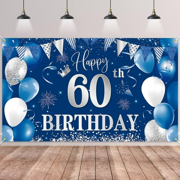 60th Birthday Banner Backdrop, Happy 60th Birthday Decorations,Blue Silver Fabric Photo Backdrop Background for Men and Women 60th Birthday Party